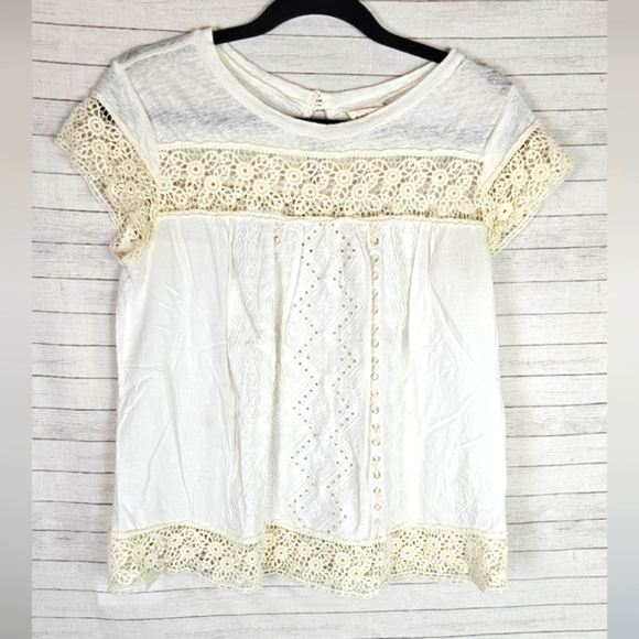 SUNDANCE LINEN CROCHET MIXED MEDIA T-SHIRT, SZ SMALL - Picture 1 of 9